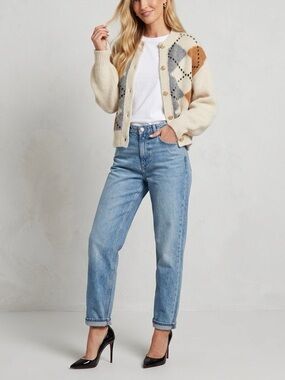Mango MNG Rombin Wool Blend Argyle Cardigan Sweater in Ecru